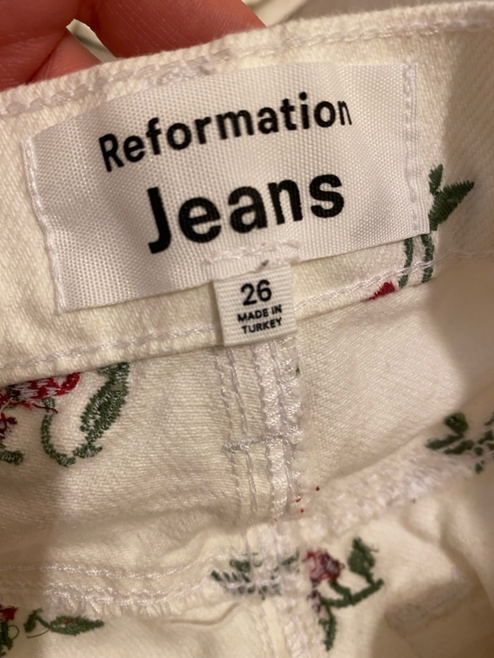 Reformation White Straight-Leg Jeans with Cherry Motif. Size 26 - Picture 6 of 14